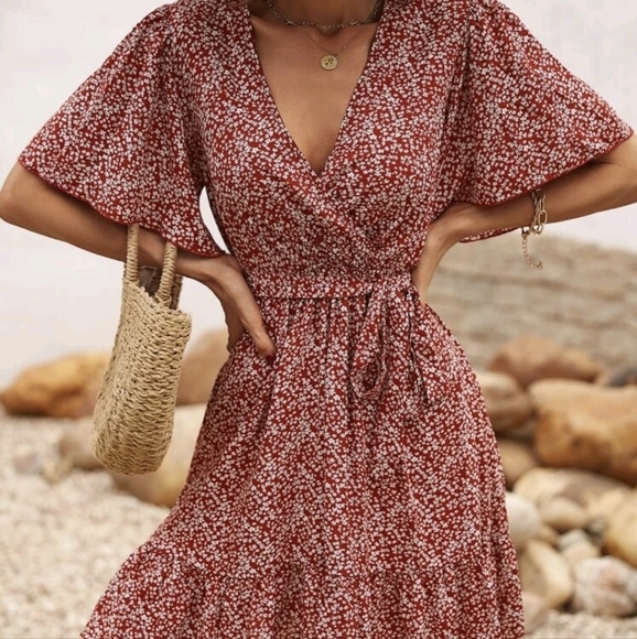 SHEIN Dresses & Skirts - 2/$20 Woman's SHEIN Floral Print Ruffled Hem Belted Dress-Red/White-Size Large